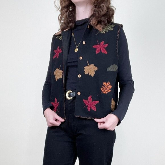 Vintage Wool Fall Leaf Sweater Vest Oversized Sleeveless Jacket Coat Novelty 90s - Picture 2 of 8
